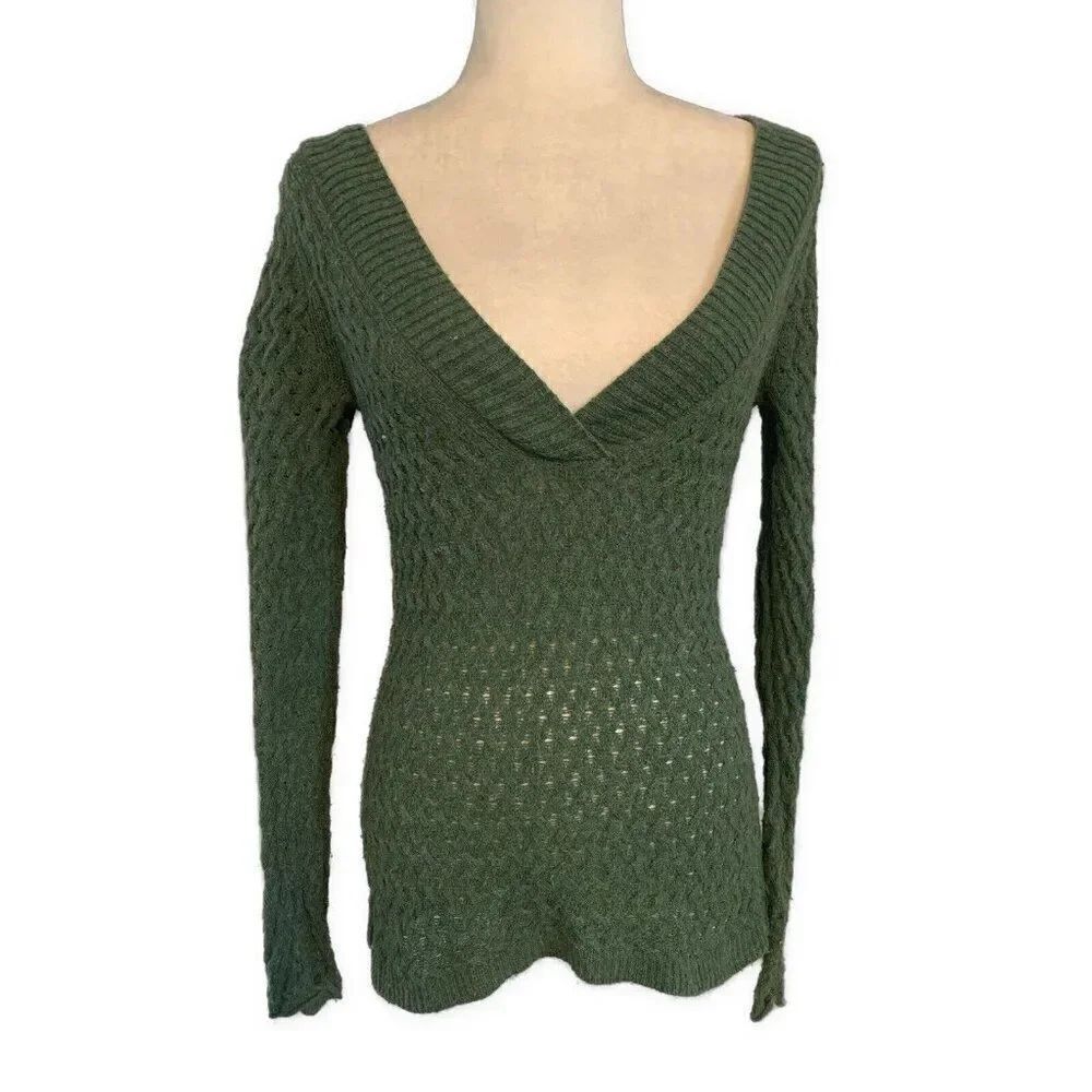 banana republic Womens Solid Forest Green Knit V Neck Long Sleeve Sweater Top S
